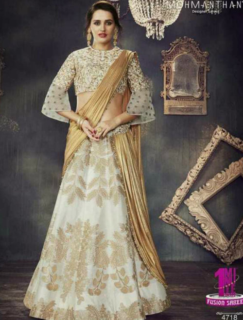 Indo Western MOH4718 Party Wear Beige Silk Lycra Saree Gown