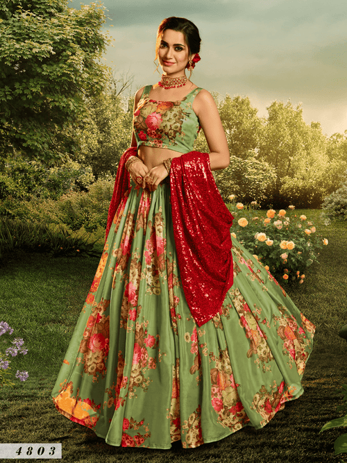 Celebrations Special Green Multicoloured Organza Floral Party Lehenga