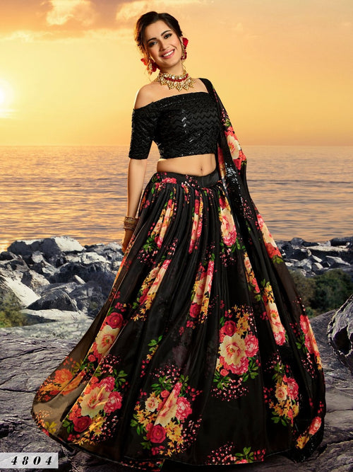 Evening Wear Black Multicoloured Organza Floral Party Lehenga