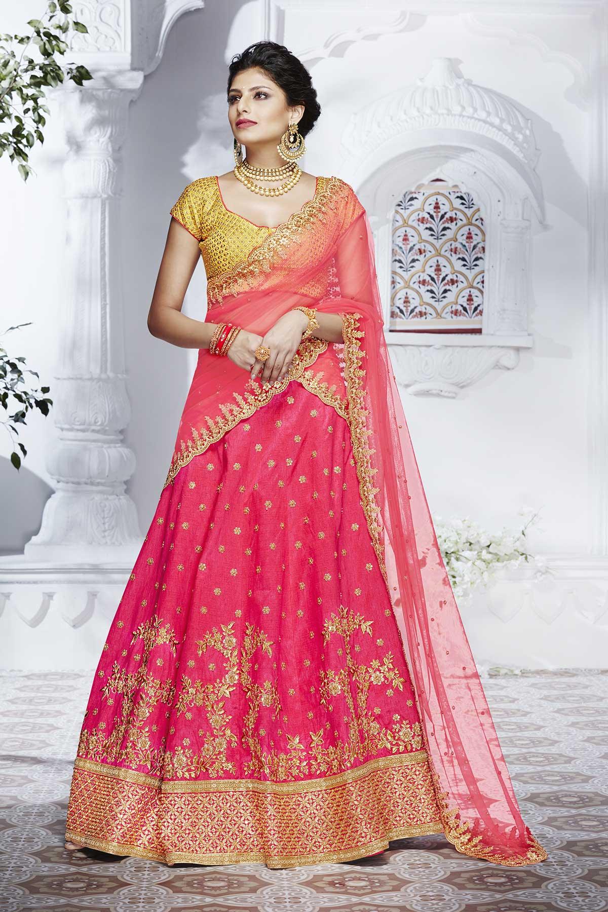 Pretty Mustard Yellow and Pink Party Wear Silk Lehenga Choli – nirshaa