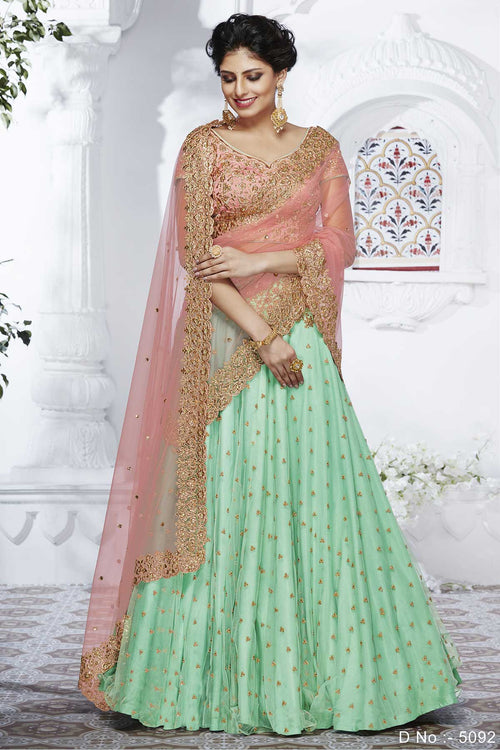 Delicate NAK5092 Bridal Rama Green Peach Net Silk Lehenga Choli