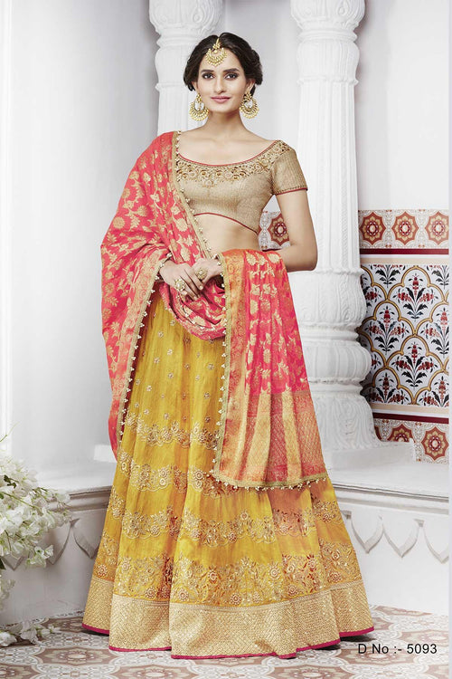 Handcrafted NAK5093 Bridal Yellow Peach Benarasi Silk Jacquard Lehenga Choli