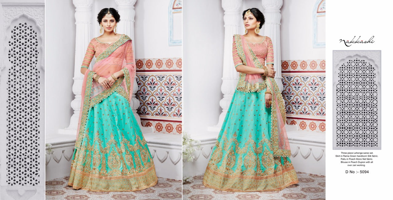 Lemon Yellow And Peach Heavy Zari Work Lehenga Choli With Dupatta