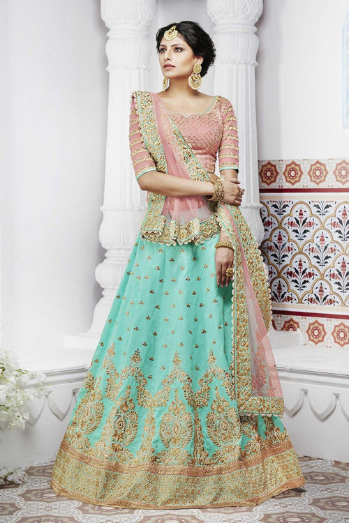 Exclusive NAK5094 Bridal Peach Rama Green Handloom Silk Net Lehenga Choli