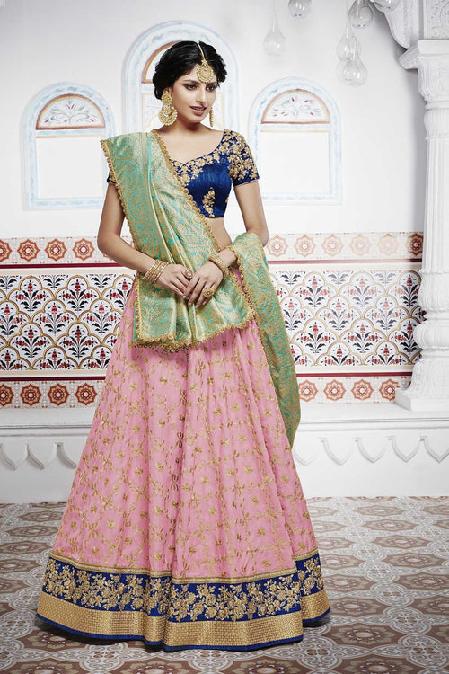 Handpicked NAK5096 Bridal Pink Tussar Silk Blue Benarasi Silk Jacquard Lehenga Choli
