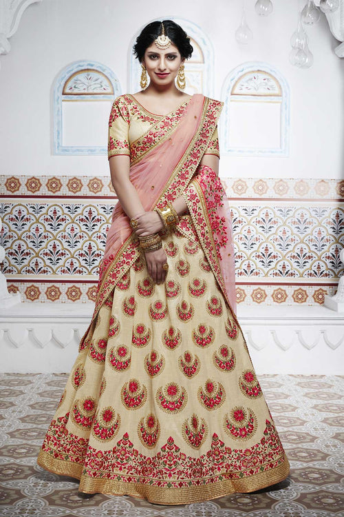 Fashionable NAK5100 Bridal Beige Pink Handloom Silk Net Lehenga Choli