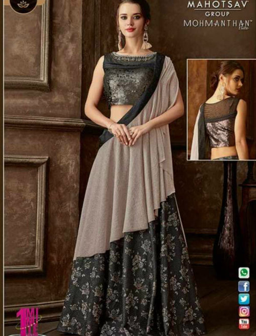 Indo Western MOH5107 Party Wear Grey Silk Lycra Saree Gown