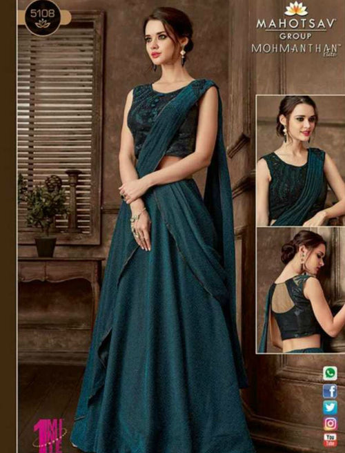 Indo Western MOH5108 Party Wear Turquoise Silk Lycra Saree Gown