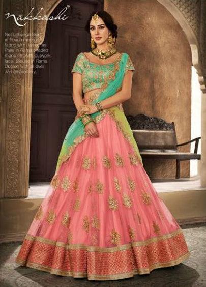 Festive NAK5111 Bridal Rama Green Peach Net Silk Lehenga Choli