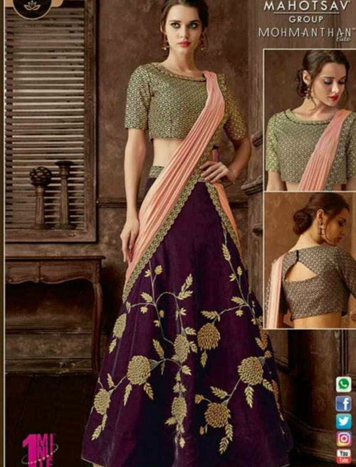 New Indo Western MOH5111 Party Wear Purple Beige Silk Lycra Saree Gown