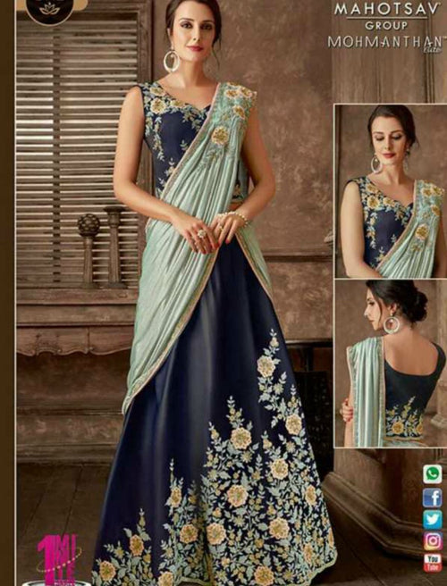 Indo Western MOH5112 Party Wear Blue Grey Silk Lycra Saree Gown