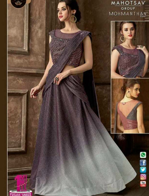 Indo Western MOH5113 Party Wear Shaded Mauve Grey Silk Lycra Saree Gown