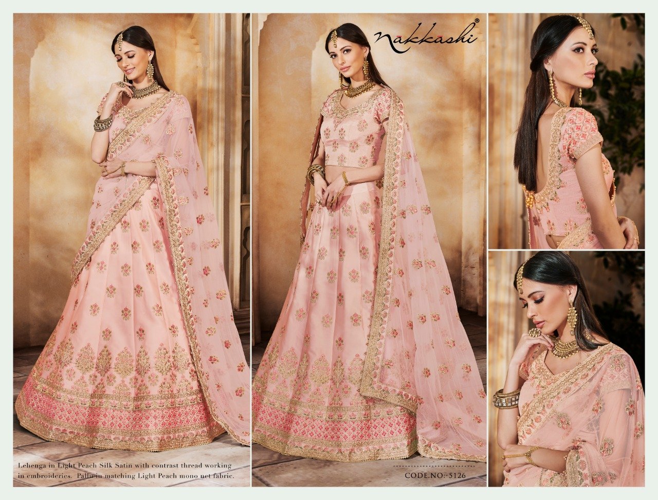 Peach-coloured and golden lehenga choli with dupatta this piese are art  silk blouse and next fabric lehenga choli available at | wholesale textile