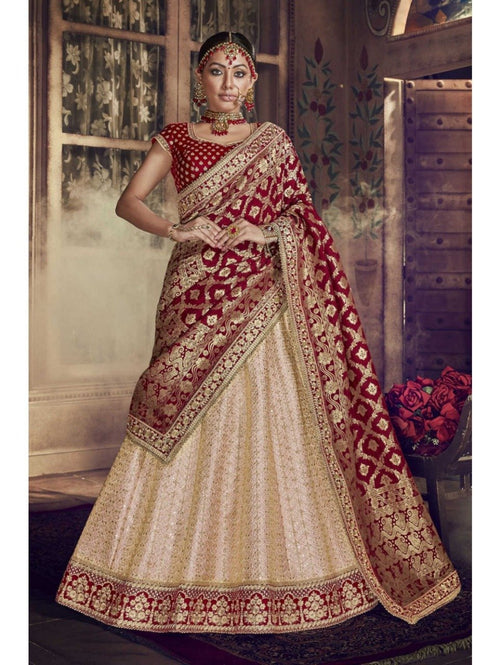 Cream and Maroon and Green Silk Banarsi Lehenga Choli With Zari work