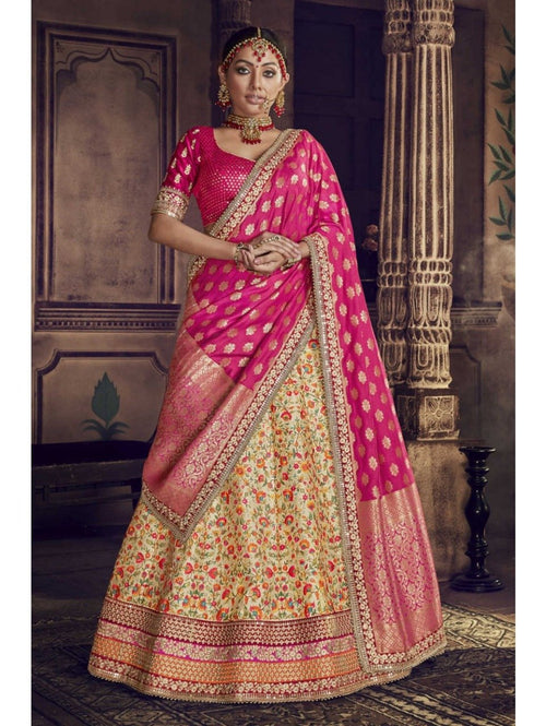 Traditional Nakkashi NAK5146 Bridal Multicoloured Yellow Silk Rani Jacquard Lehenga Choli