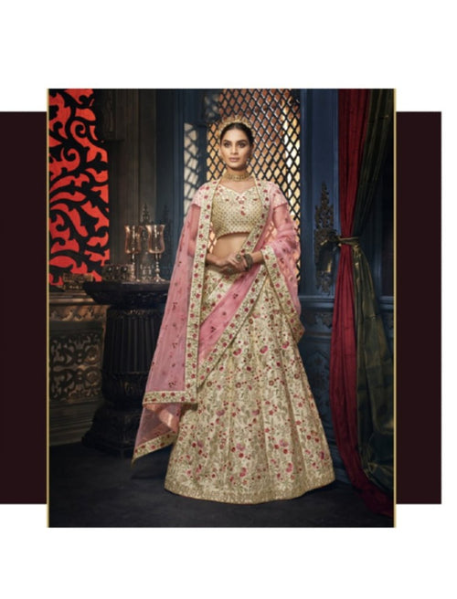 Traditional Nakkashi NAK5156 Bridal Pink Net Beige Handloom Silk Lehenga Choli