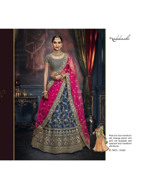 Ethnic Nakkashi NAK5163 Bridal Pink Net Peacock Blue Handloom Silk Lehenga Choli