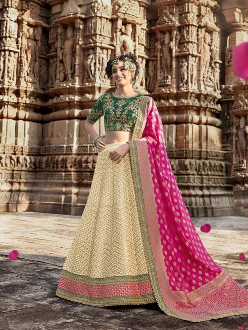 Indian Wear Nakkashi NAK5168 Bridal Beige Multicoloured Handloom Silk Lehenga Choli