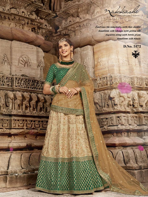 Embroidered Nakkashi NAK5172 Bridal Beige Handloom Silk Lehenga Choli