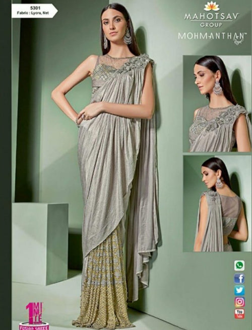 Designer MOH5301 Party Wear Grey Golden Lycra Net Silk Indo Western Saree