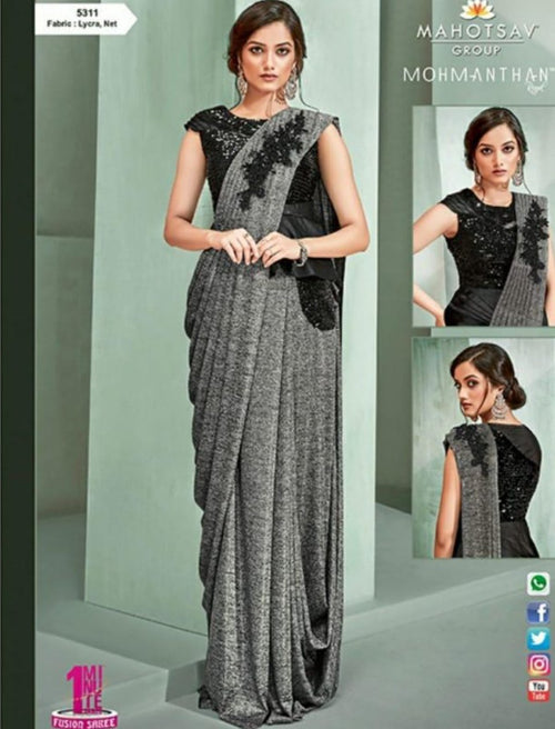 Superb MOH5311 Cocktail Wear Grey Black Lycra Net Silk Indo Western Saree