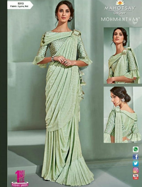 Dainty MOH5313 Cocktail Wear Green Lycra Net Silk Indo Western Saree