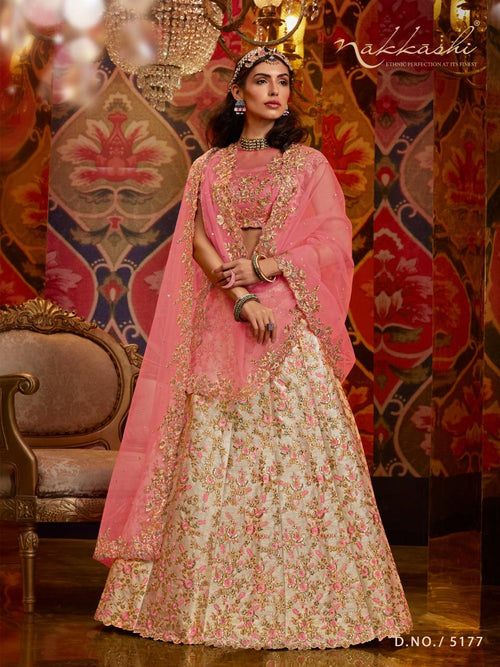 Haldi Special Nakkashi Beige Silk Function Wear Lehenga Choli