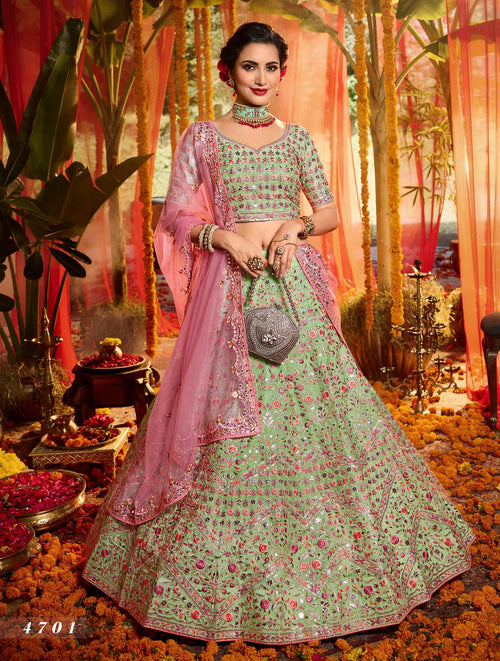 Bridal Wear Green Organza Silk Designer Lehenga Choli