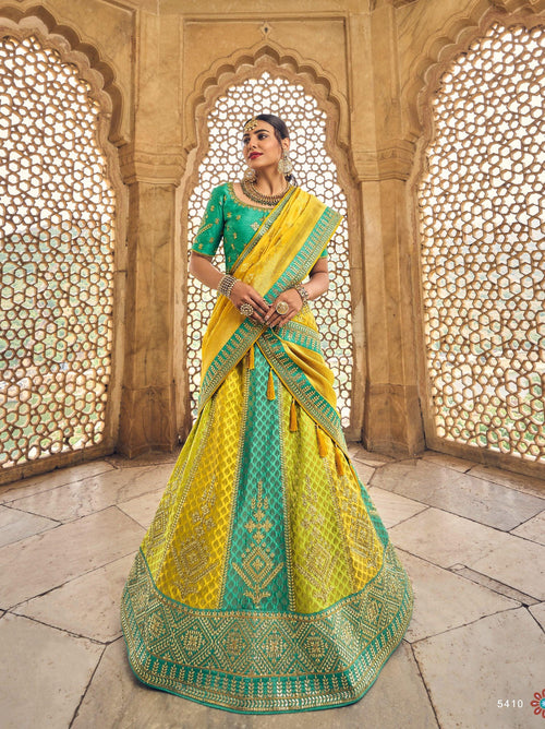 Buy Yellow Silk Satin Umbrella Lehenga Wedding Wear Online at Best Price |  Cbazaar