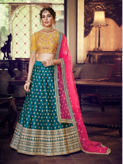 Handpicked Nakkashi NAK4166 Bridal Peacock Blue Yellow Silk Lehenga Choli