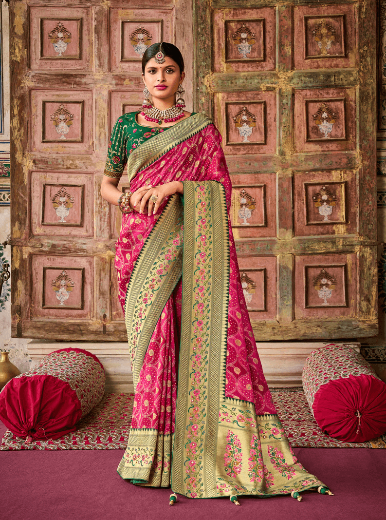 VVKV8711 Yellow & Red Jaipuri Georgette Saree with Gota Patti Embroidery &  Contrast Blouse – Chhabra 555