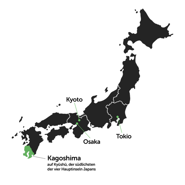 Die Präfektur Kagoshima auf Kyūshū, der südlichsten der vier Hauptinseln Japans.