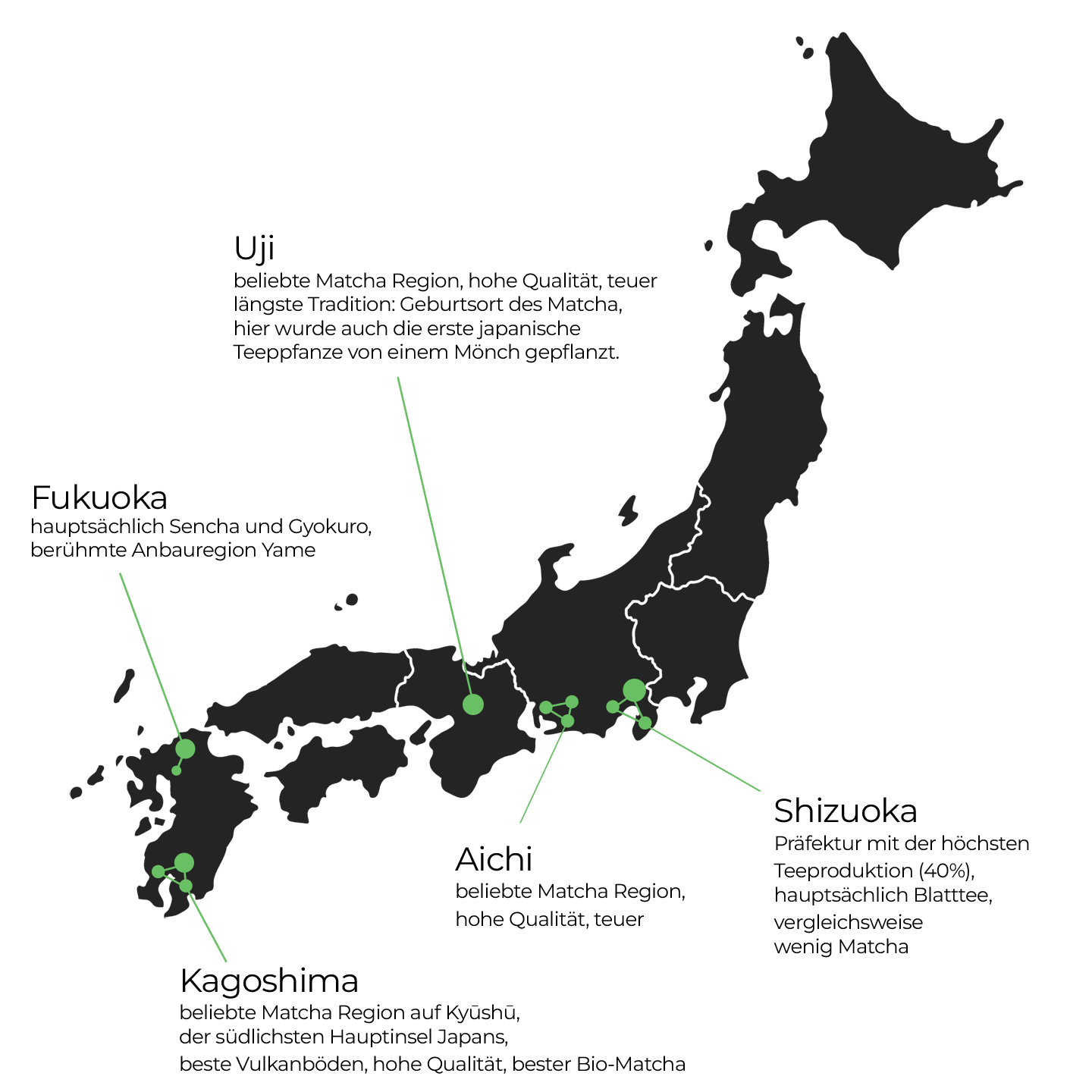 Karte von Japan: Aus diesen Regionen kommt der beste Matcha, Kagoshima, Aichi, Uji