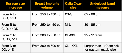 Calla Cozy Postoperative bra reference to implant cc size