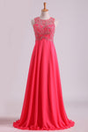2021 Water Melon Prom Dresses Scoop A Line Beaded Bodice Open Back Chiffon & Tulle