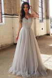 A-Line Bead Silver Spaghetti Straps Sweetheart Slit Tulle Backless Sleeveless Evening Dresses