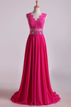 2021 New Arrival V Neck Tulle&Lace Back A Line Exquisite Chiffon Beading Prom Dress