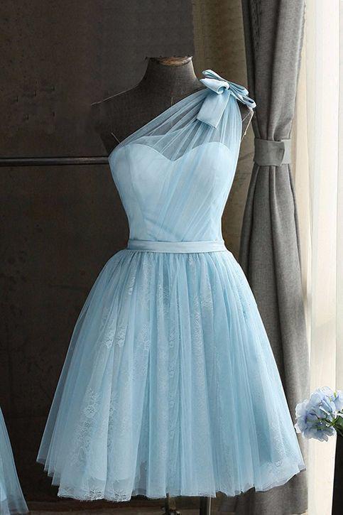 Buy Cute Baby Blue Tulle One Shoulder Short Prom Dress Bowknot Knee Length Party Dresses Online Www Kikiprom Live