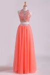 2021 Two-Piece Halter A Line Prom Dresses Beaded Bodice Tulle Floor