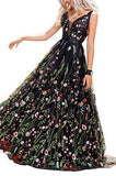 A Line Black Backless Lace Floral Long Sleeveless V Neck Formal Dresses Prom Dresses