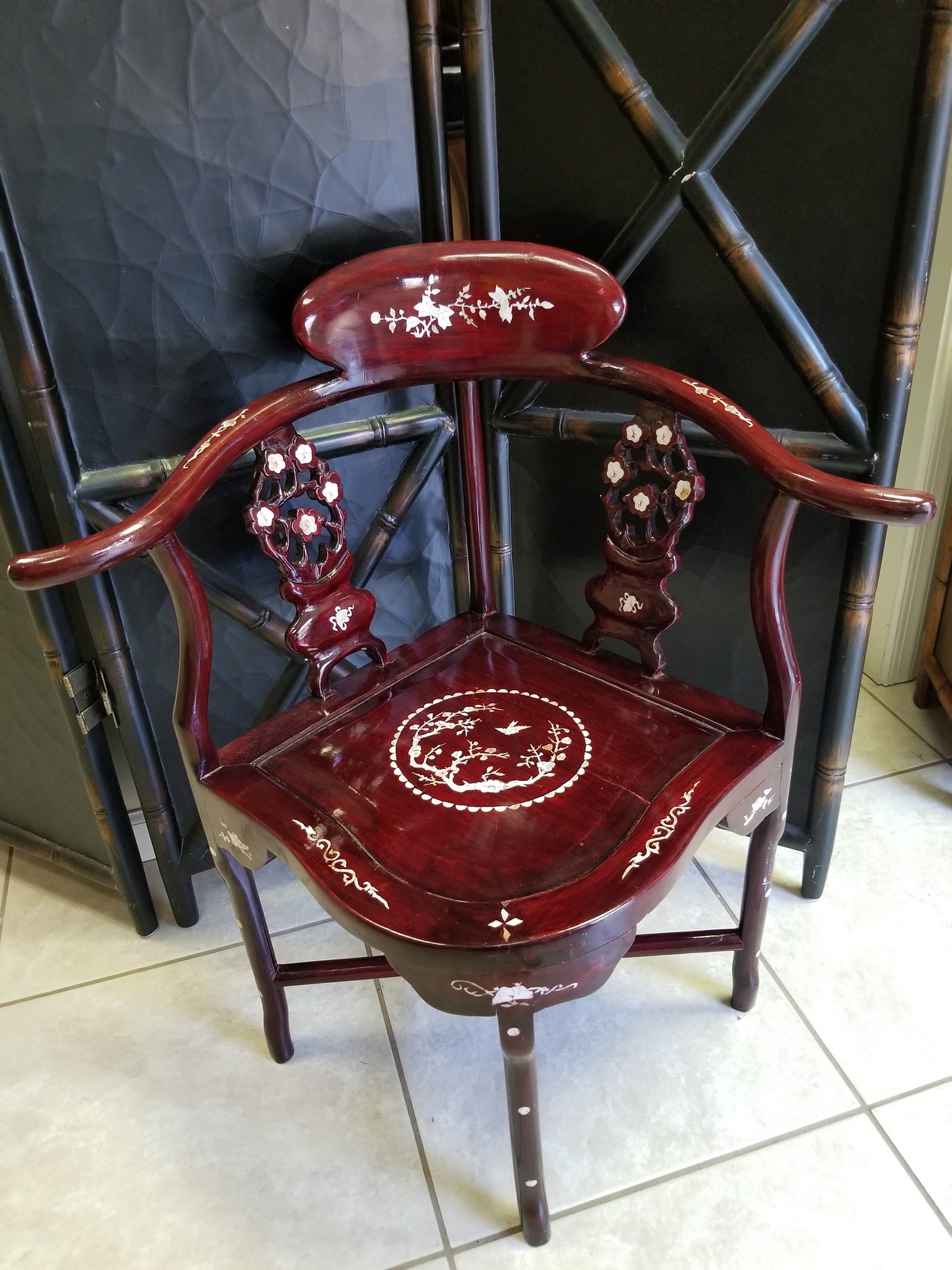 Hand Carved Rosewood Asian Corner Accent Chair W Mother Of Pearl