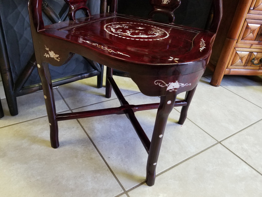 Hand Carved Rosewood Asian Corner Accent Chair W Mother Of Pearl