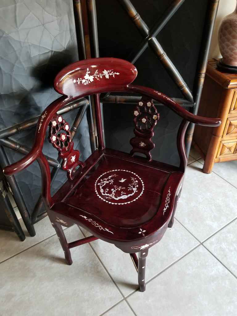 Hand Carved Rosewood Asian Corner Accent Chair W Mother Of Pearl