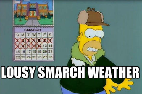 Screencap from The Simpsons of Homer complaining about Smarch with a calendar behind him