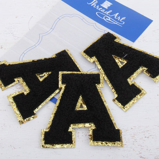 3 Pack Chenille Iron On Glitter Varsity Letter V Patches - Yellow  Chenille Fabric With Gold Glitter Trim - Sew or Iron on - 8 cm Tall 
