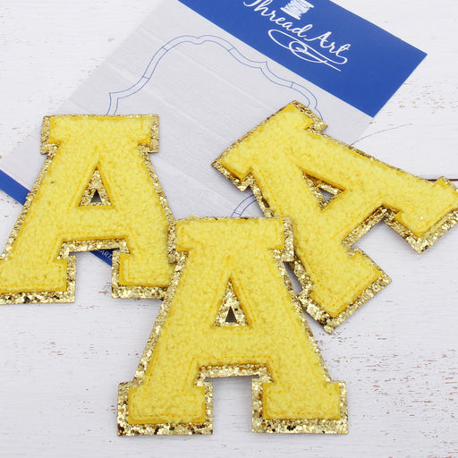 26 Letter Set of Yellow Iron On Varsity Letter Patches -Full Alphabet —