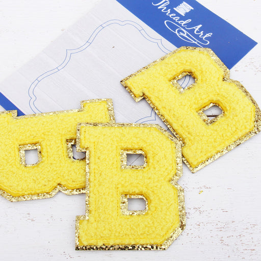 26 Letter Set Chenille Iron On Glitter Varsity Letter Patches - Blue  Chenille Fabric With Gold Glitter Trim - Sew or Iron on - 5.5 cm Tall 