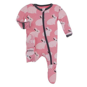 Print Footie with Zipper Strawberry Forest Rabbit