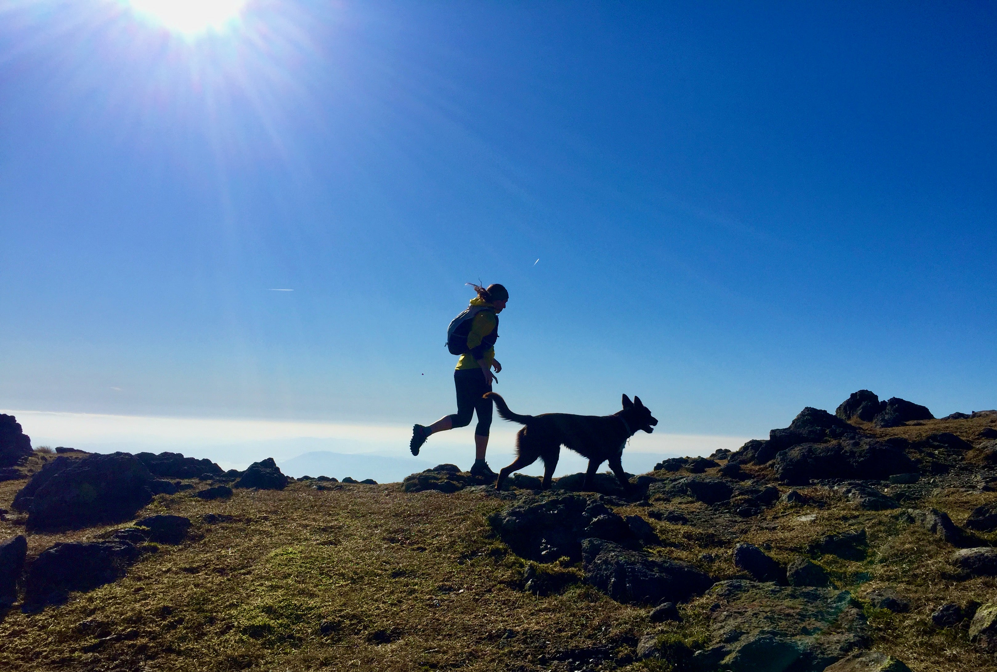 Katie and her dog on a sunny day out in the fells