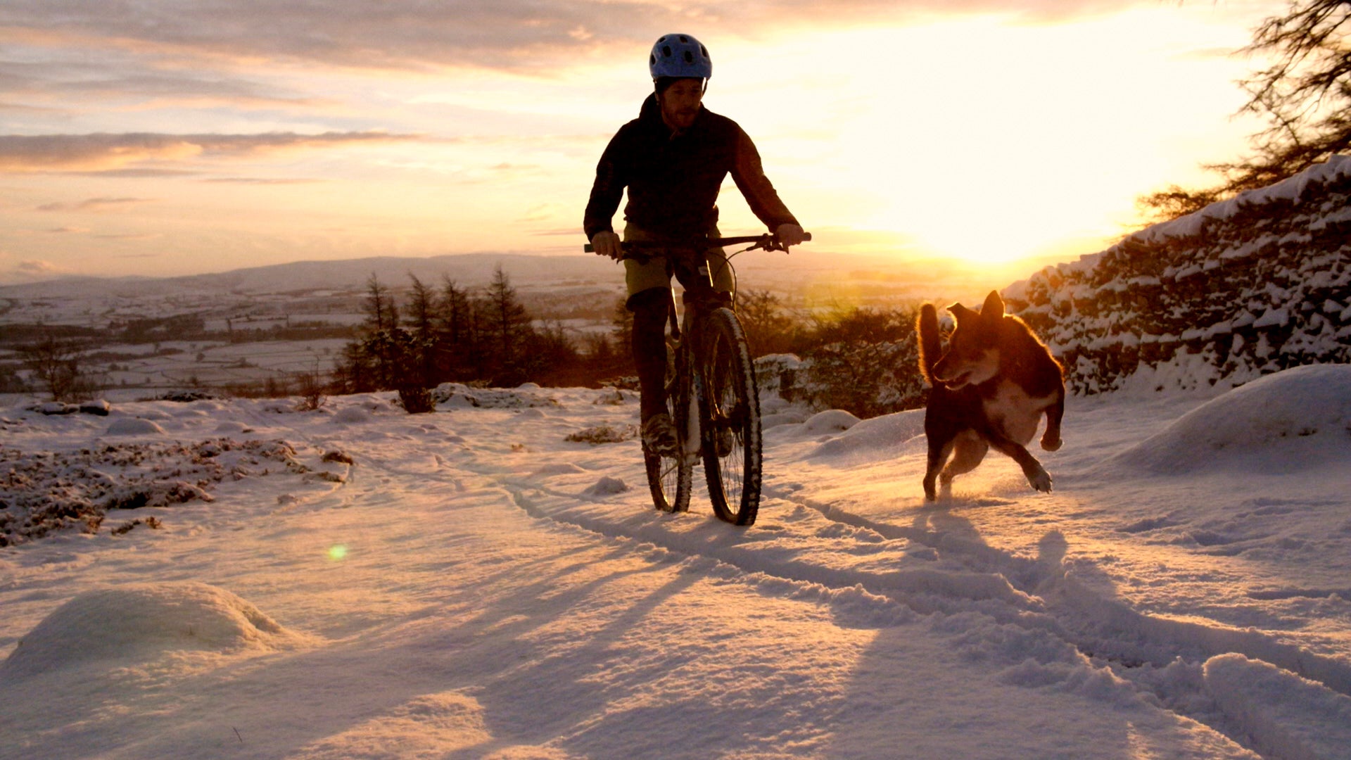 Mountain biking in snow with a dog running alongside